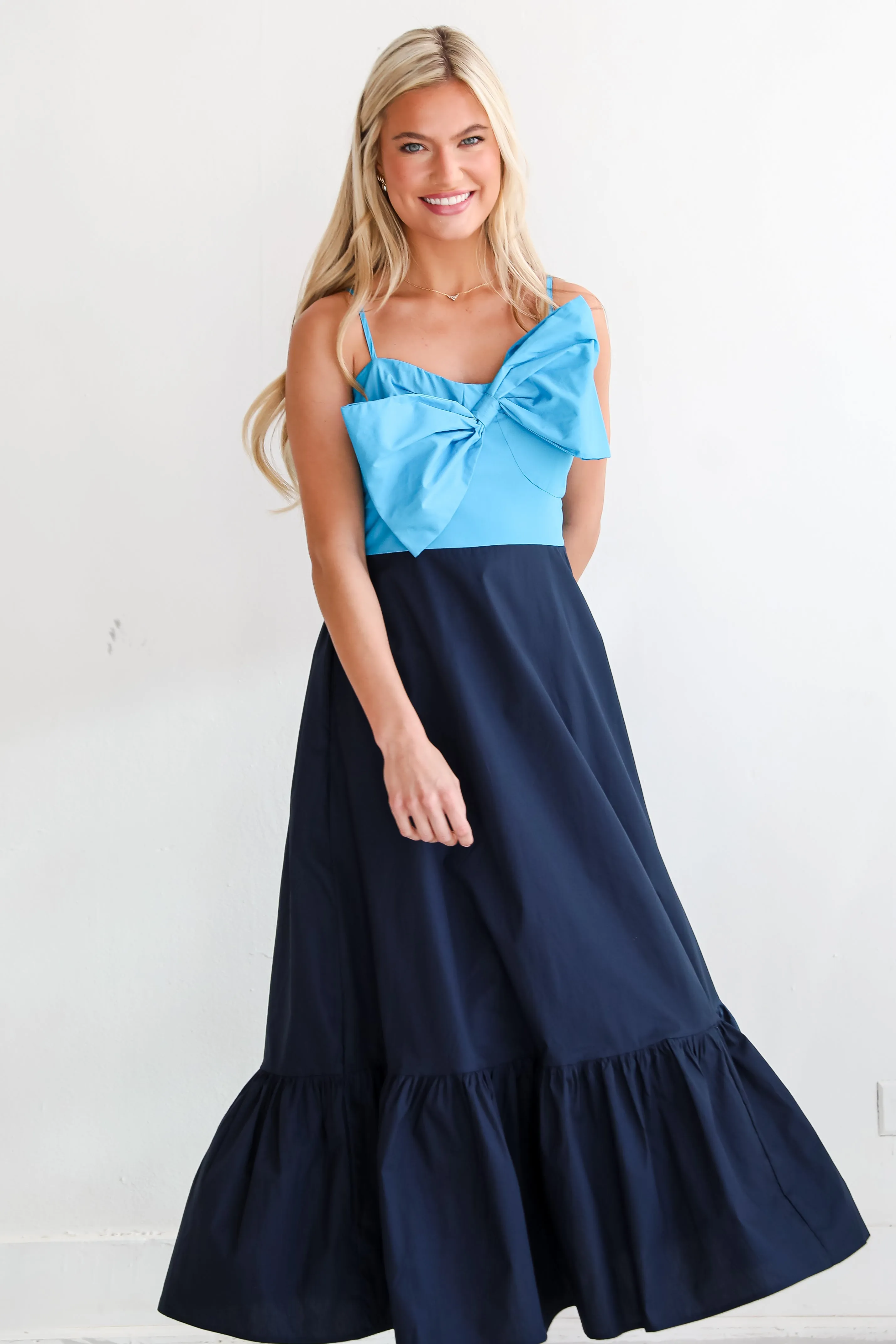 FINAL SALE - Endearing Beauty Blue Bow Maxi Dress