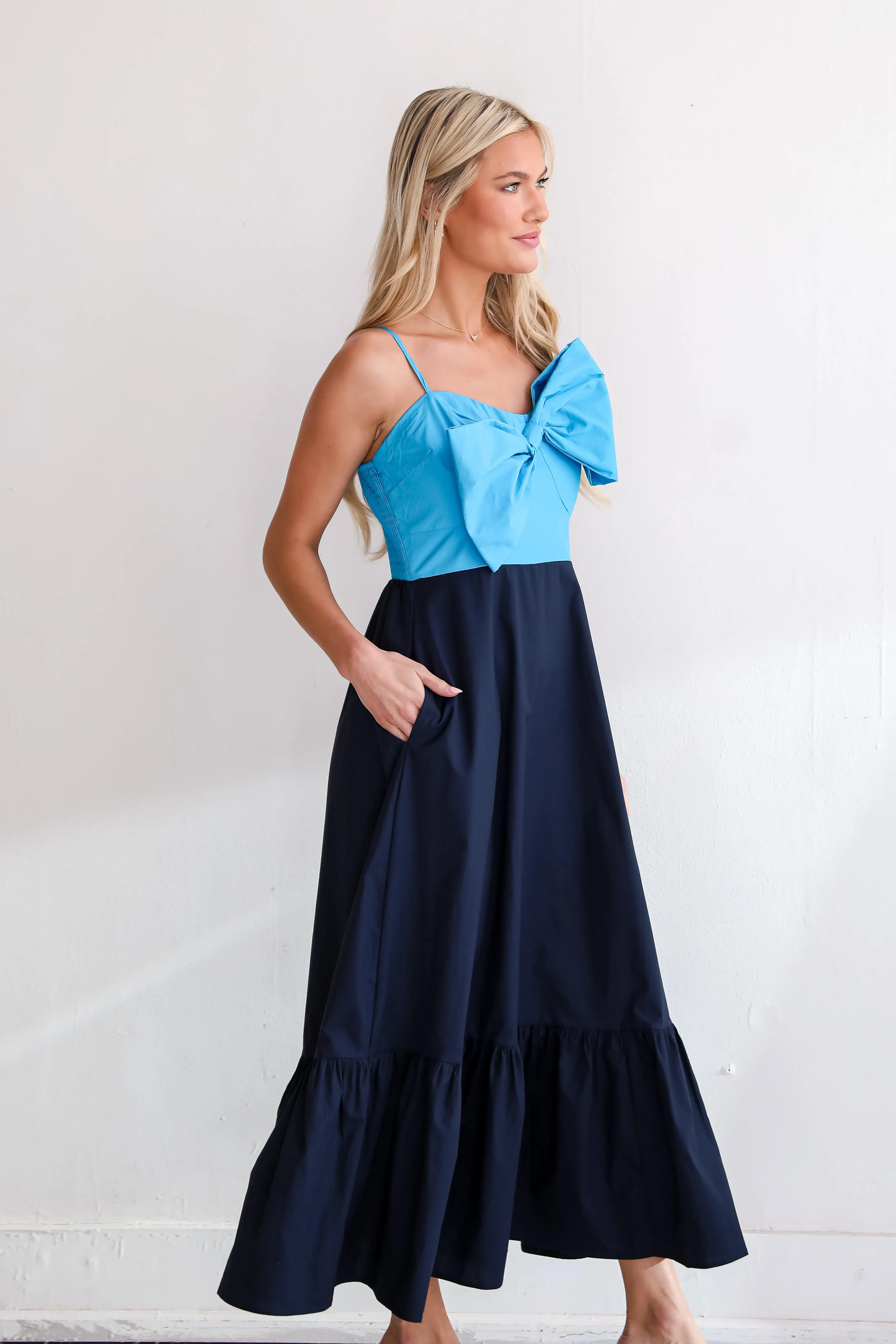 FINAL SALE - Endearing Beauty Blue Bow Maxi Dress