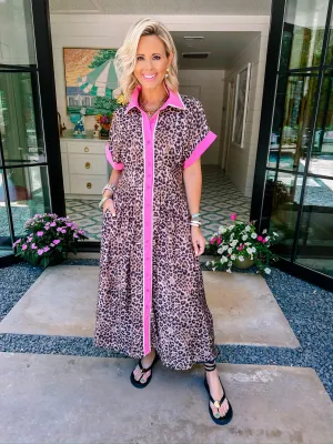 LORELEI LEOPARD BUTTON UP MIDI DRESS - PINK