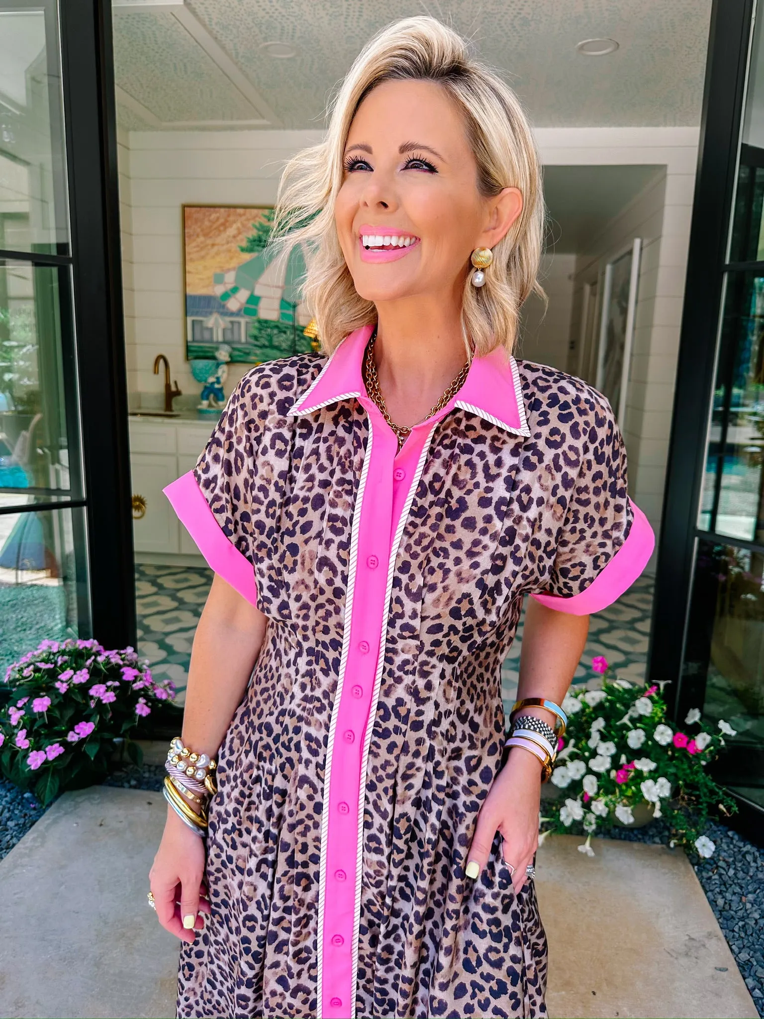 LORELEI LEOPARD BUTTON UP MIDI DRESS - PINK