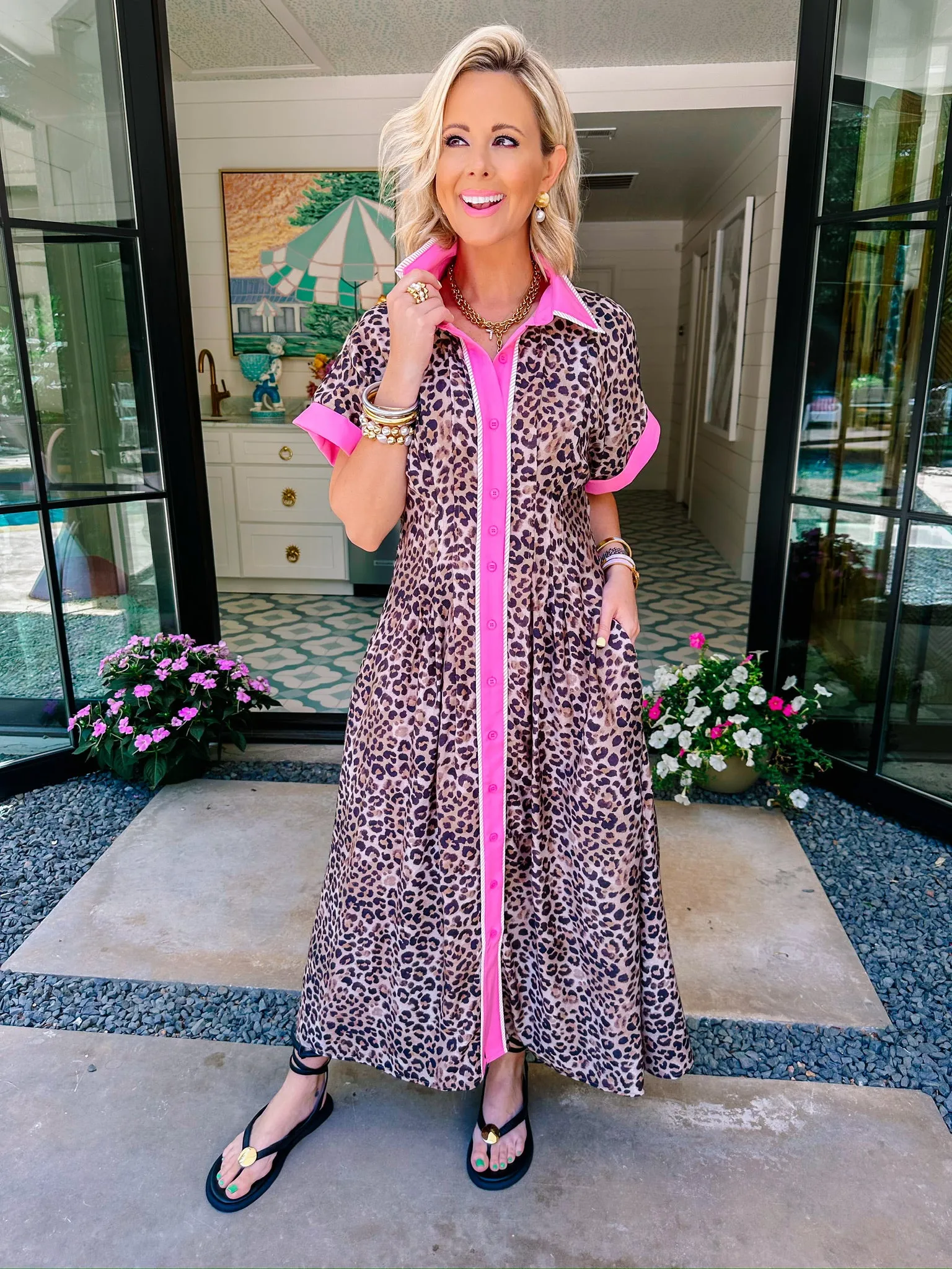 LORELEI LEOPARD BUTTON UP MIDI DRESS - PINK