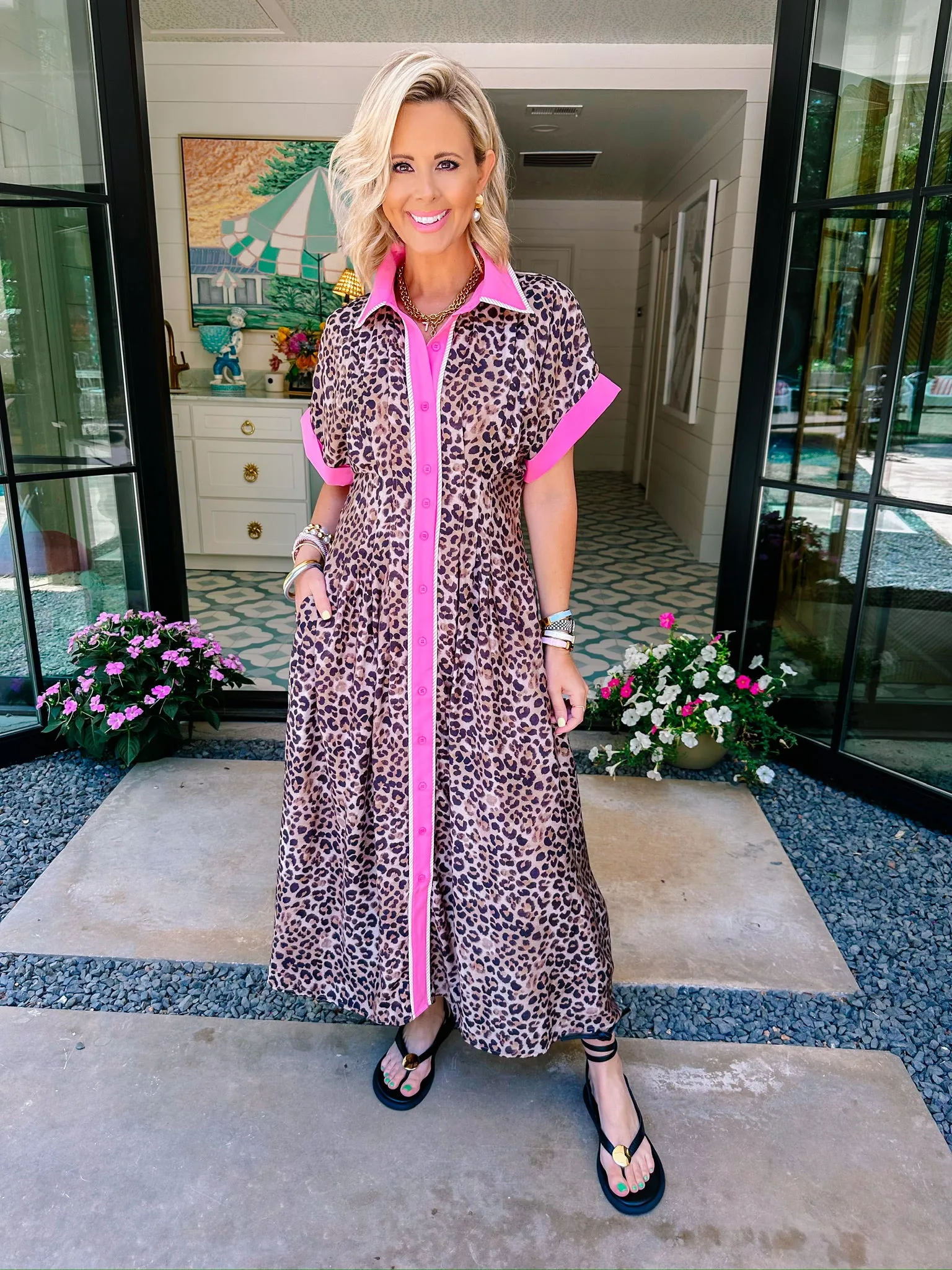 LORELEI LEOPARD BUTTON UP MIDI DRESS - PINK