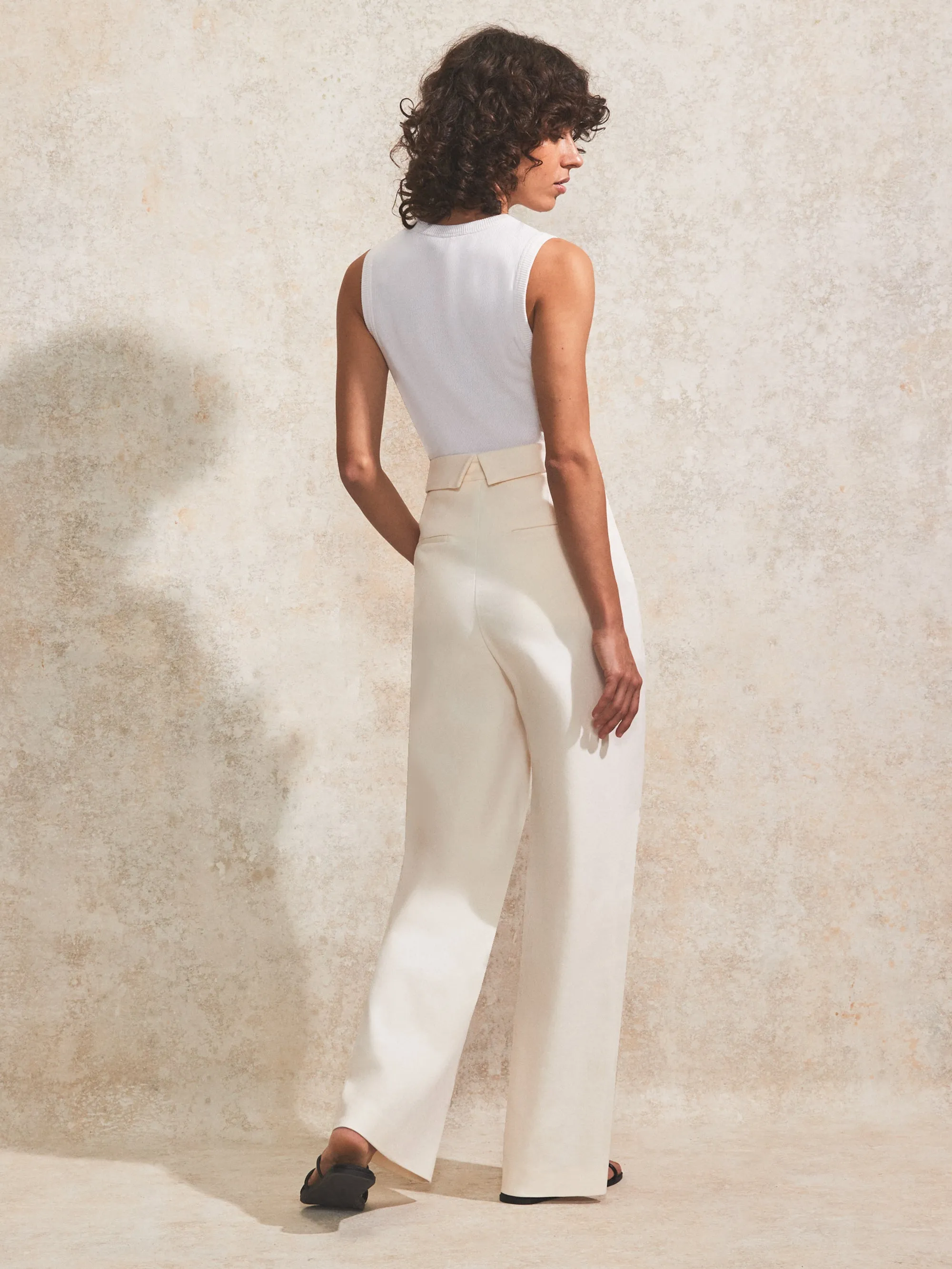 Petite Cream Folded-Waistband Trousers