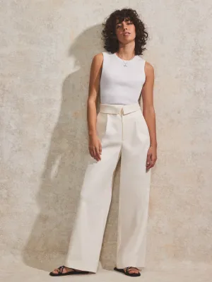 Petite Cream Folded-Waistband Trousers