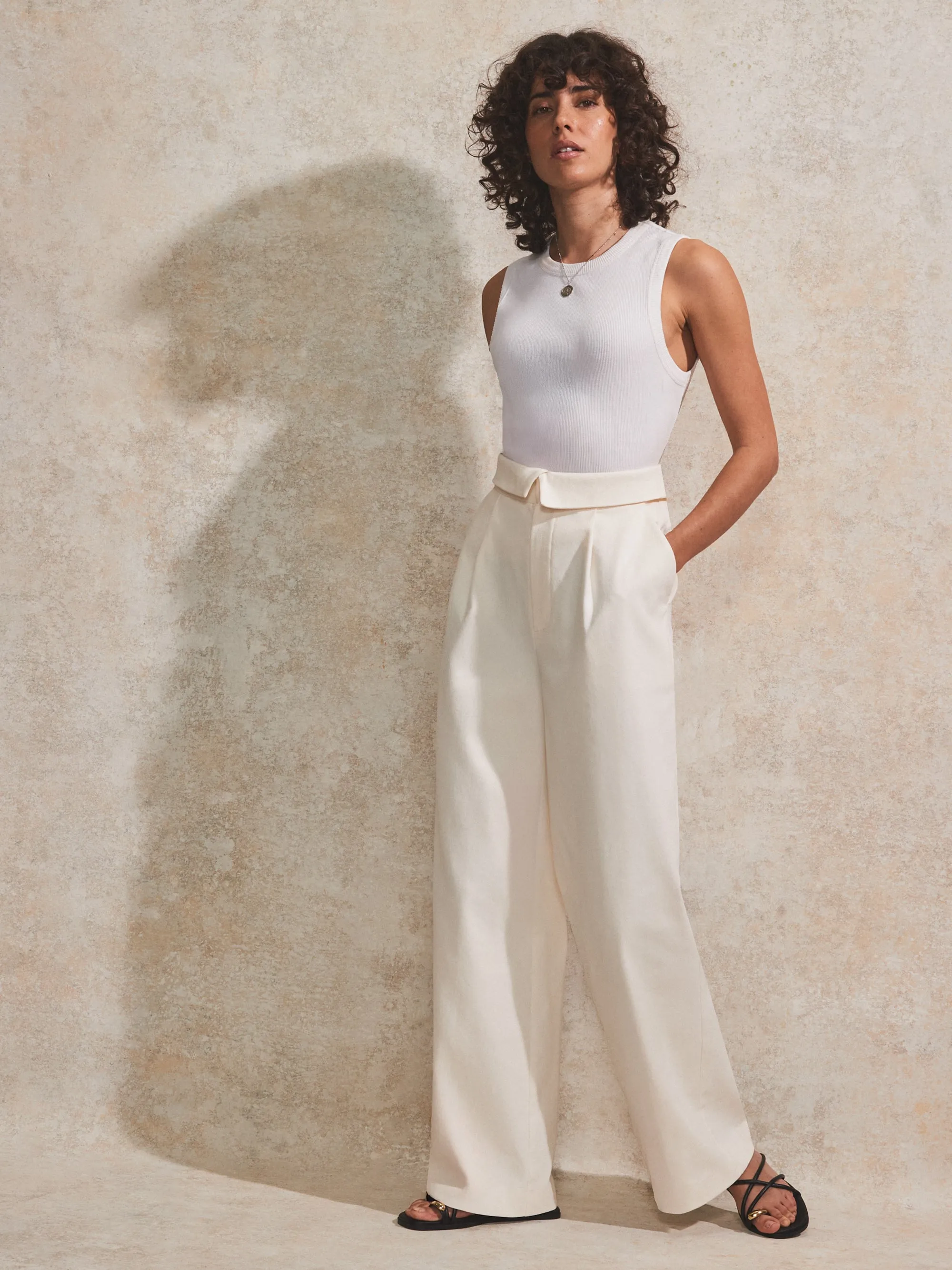 Petite Cream Folded-Waistband Trousers