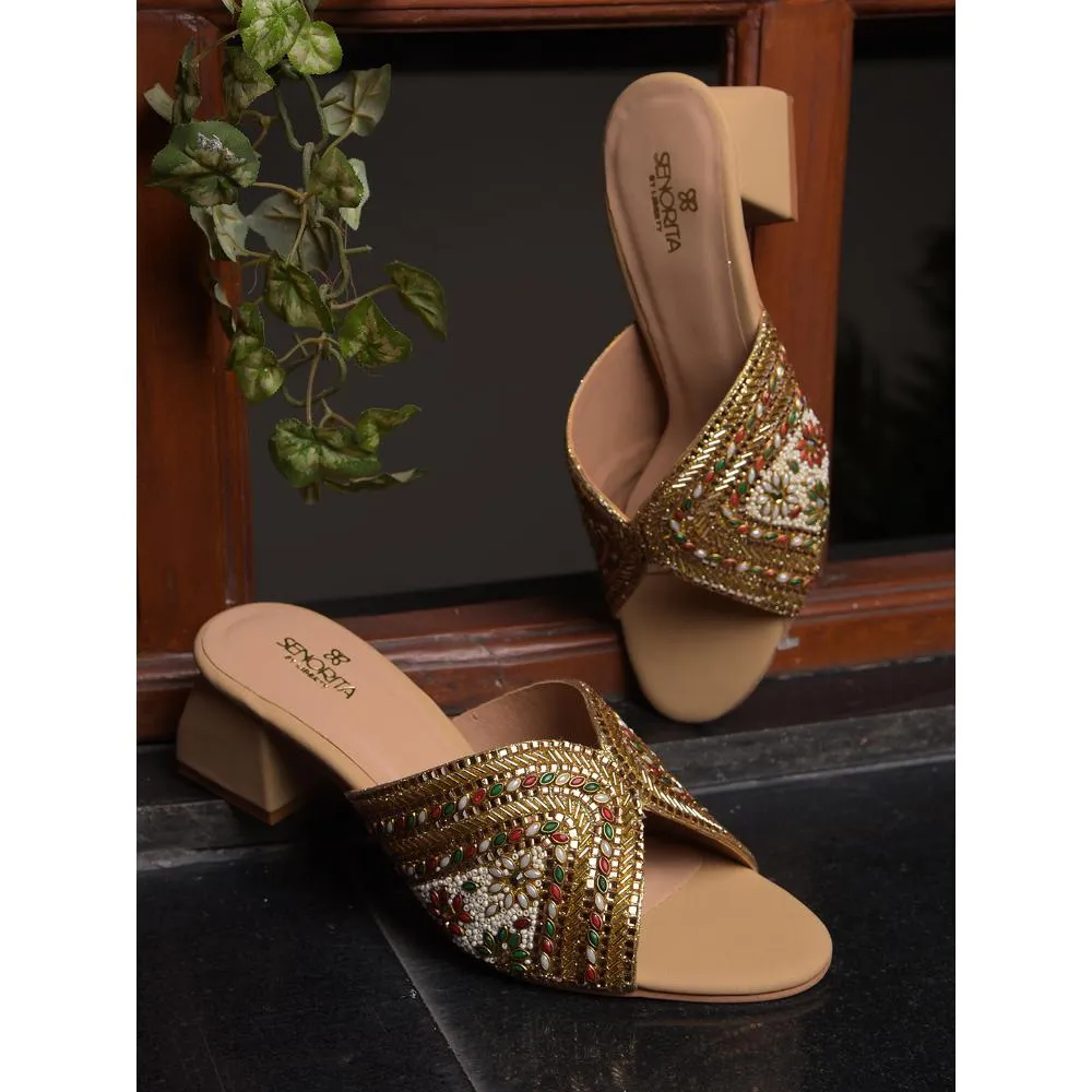 Senorita Casual Golden Ethnic Block Heel Sandal For Women STY-75 By Liberty
