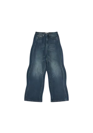 Three-Dimensional Twisted Wave Embroidered Washed Denim Trousers