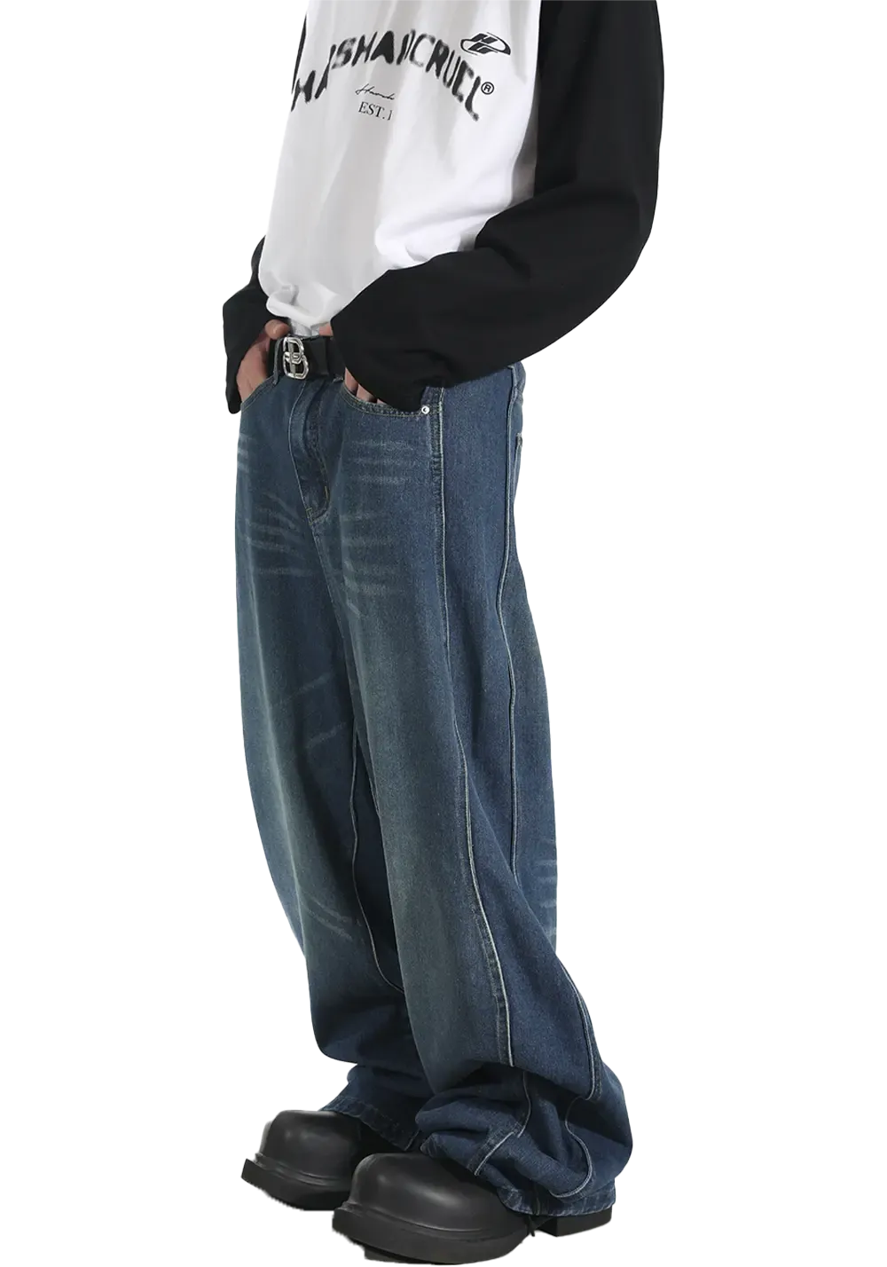 Three-Dimensional Twisted Wave Embroidered Washed Denim Trousers