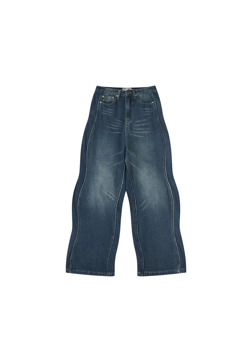 Three-Dimensional Twisted Wave Embroidered Washed Denim Trousers