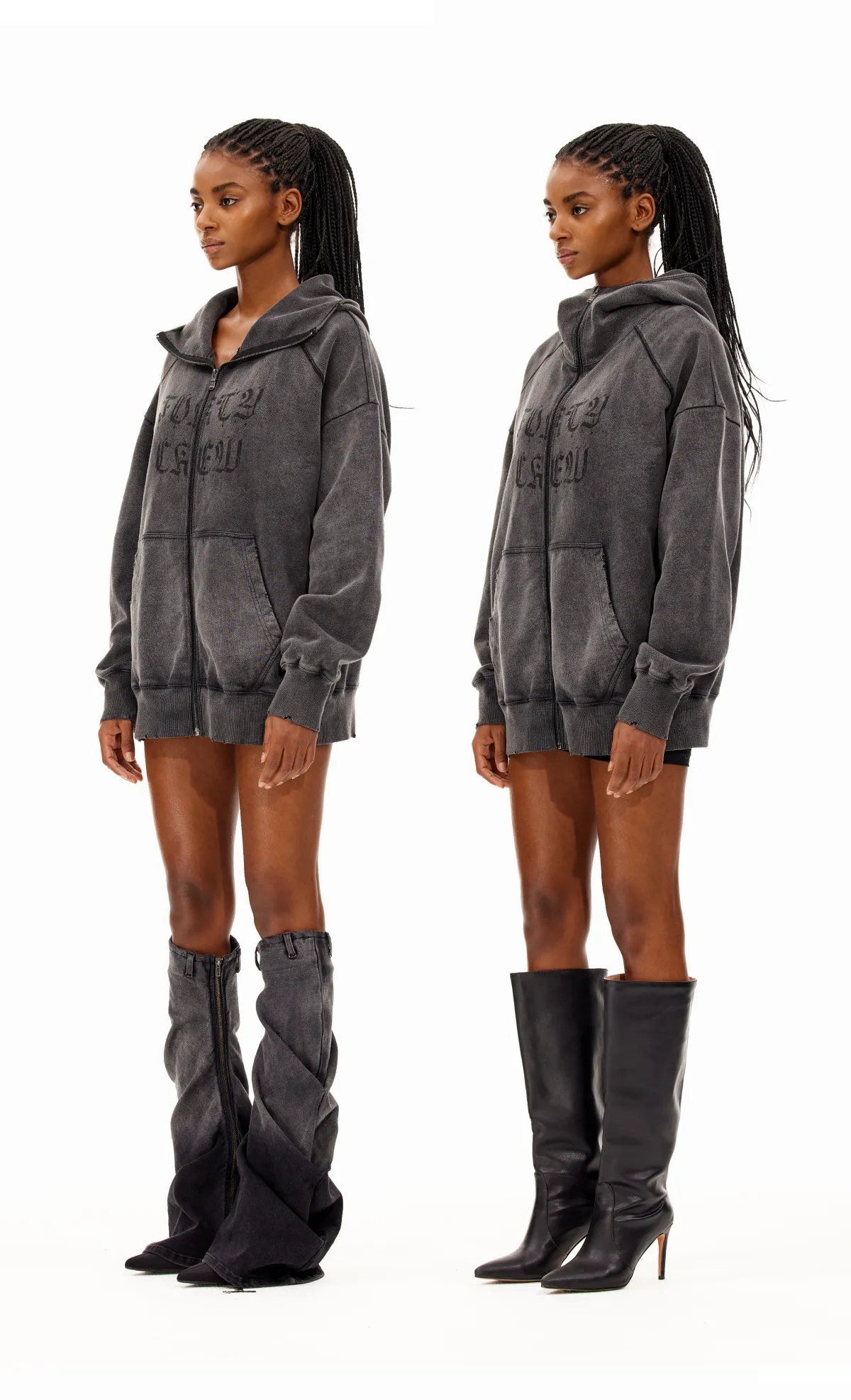 Washed Destruction Hooded Sweatshirt Jacket