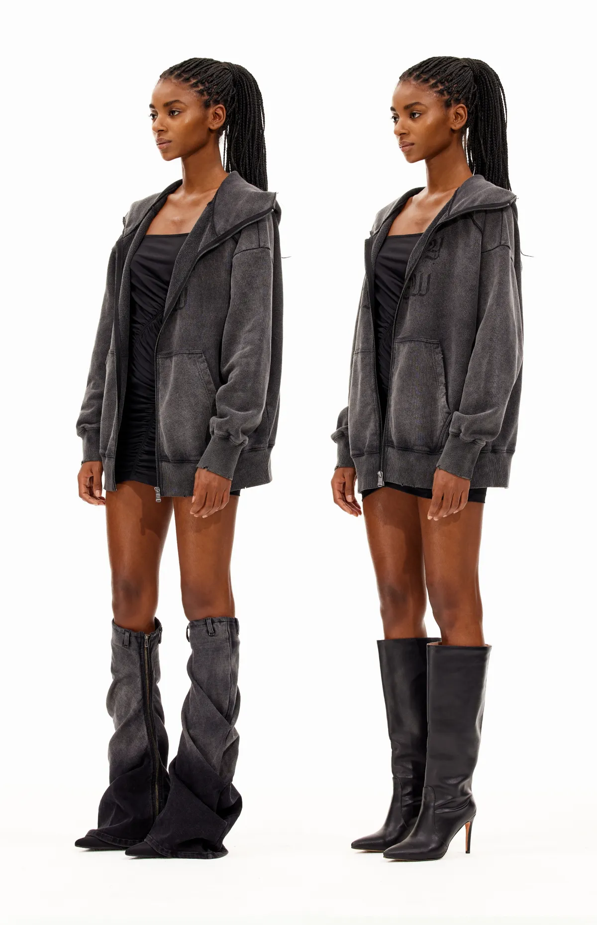 Washed Destruction Hooded Sweatshirt Jacket