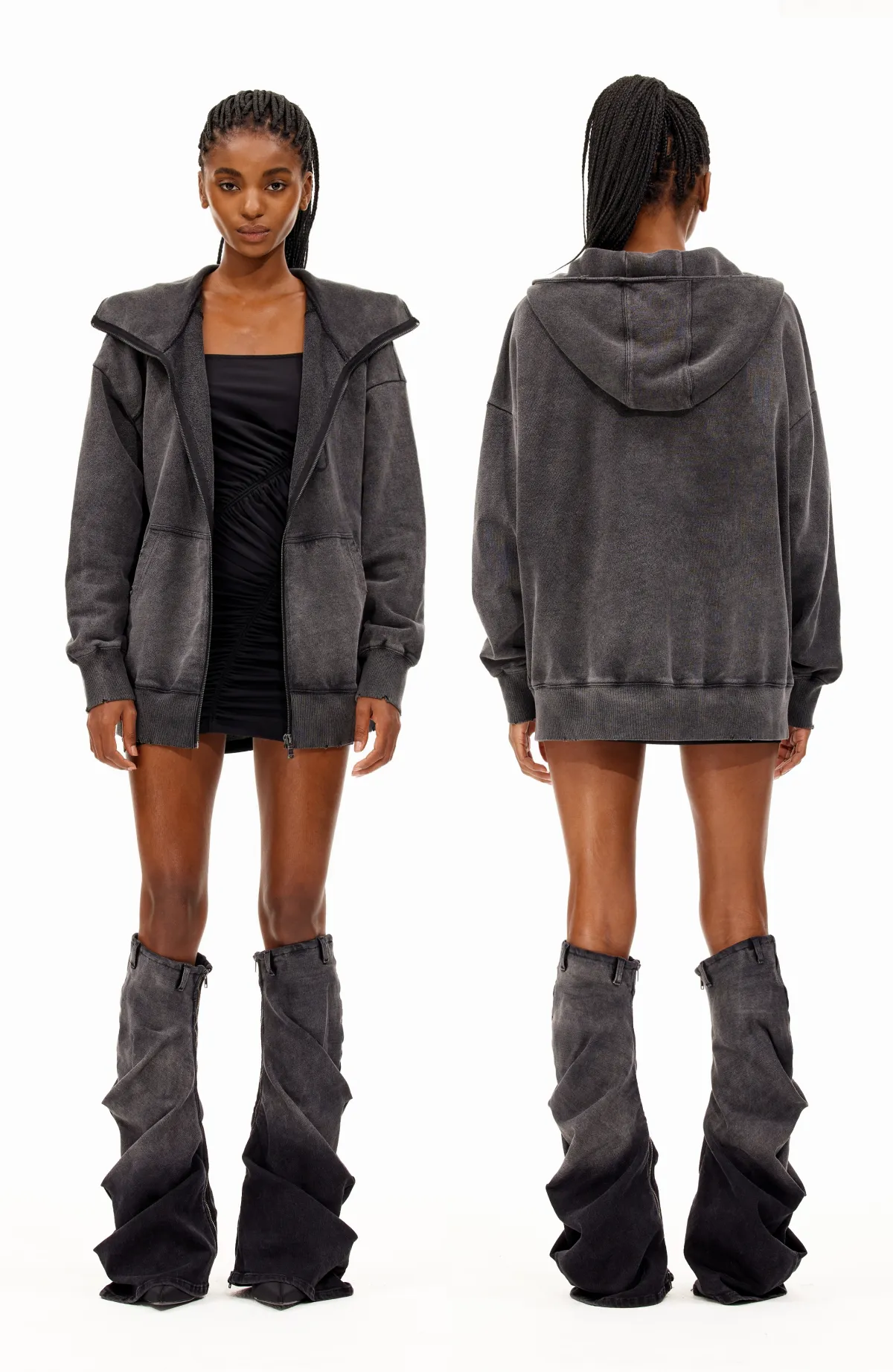 Washed Destruction Hooded Sweatshirt Jacket