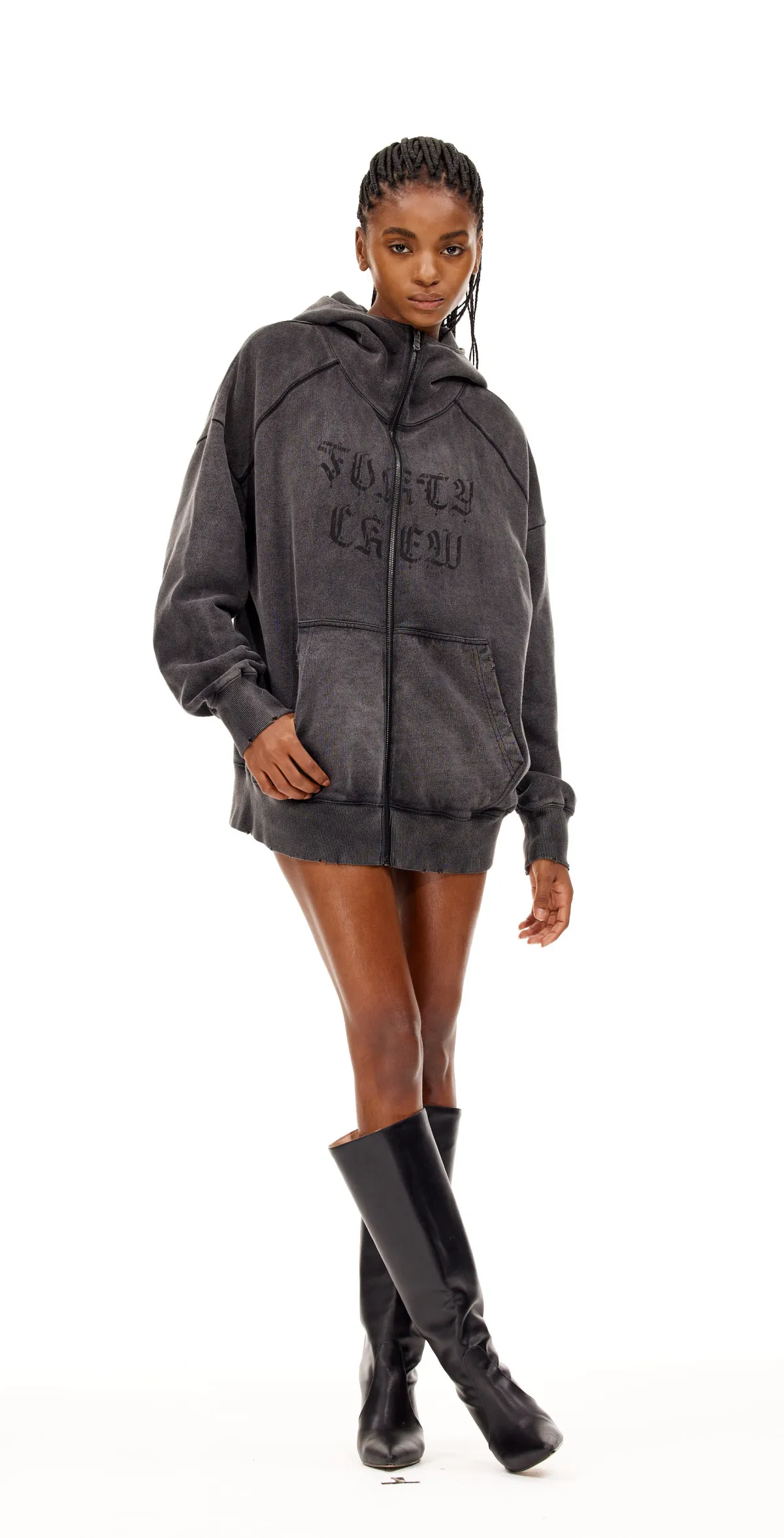 Washed Destruction Hooded Sweatshirt Jacket