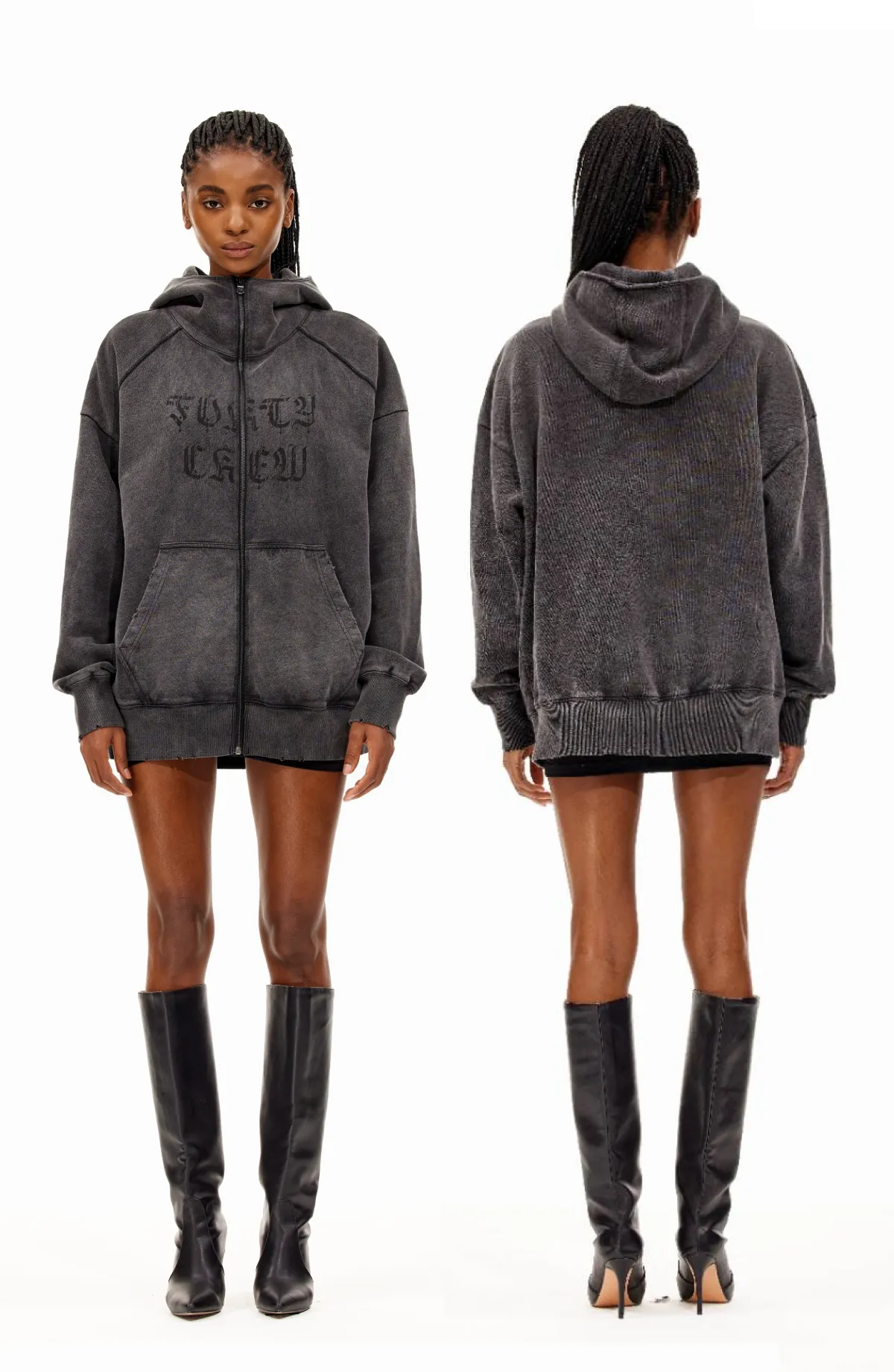 Washed Destruction Hooded Sweatshirt Jacket