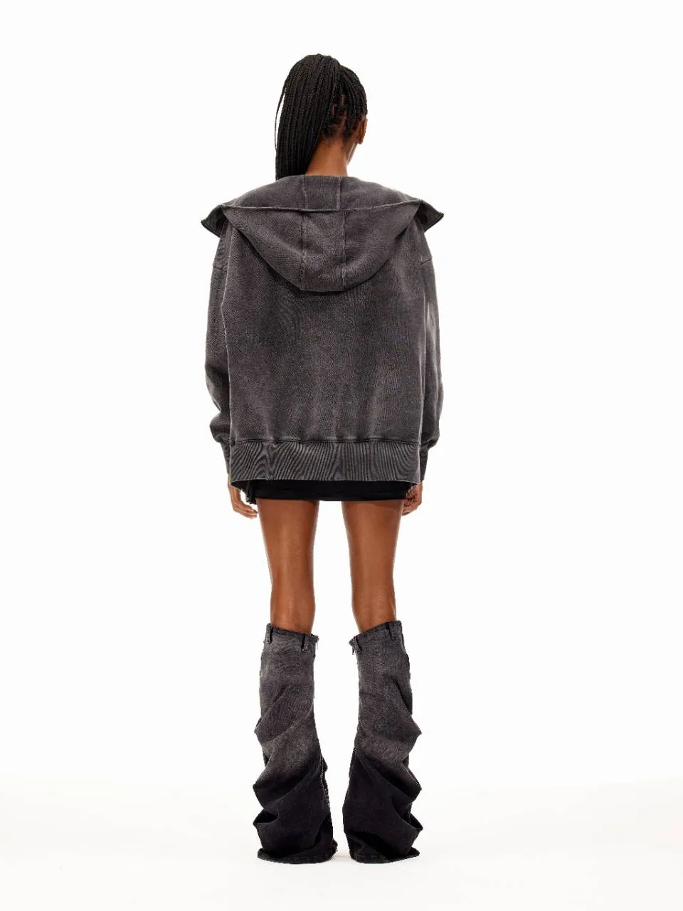 Washed Destruction Hooded Sweatshirt Jacket