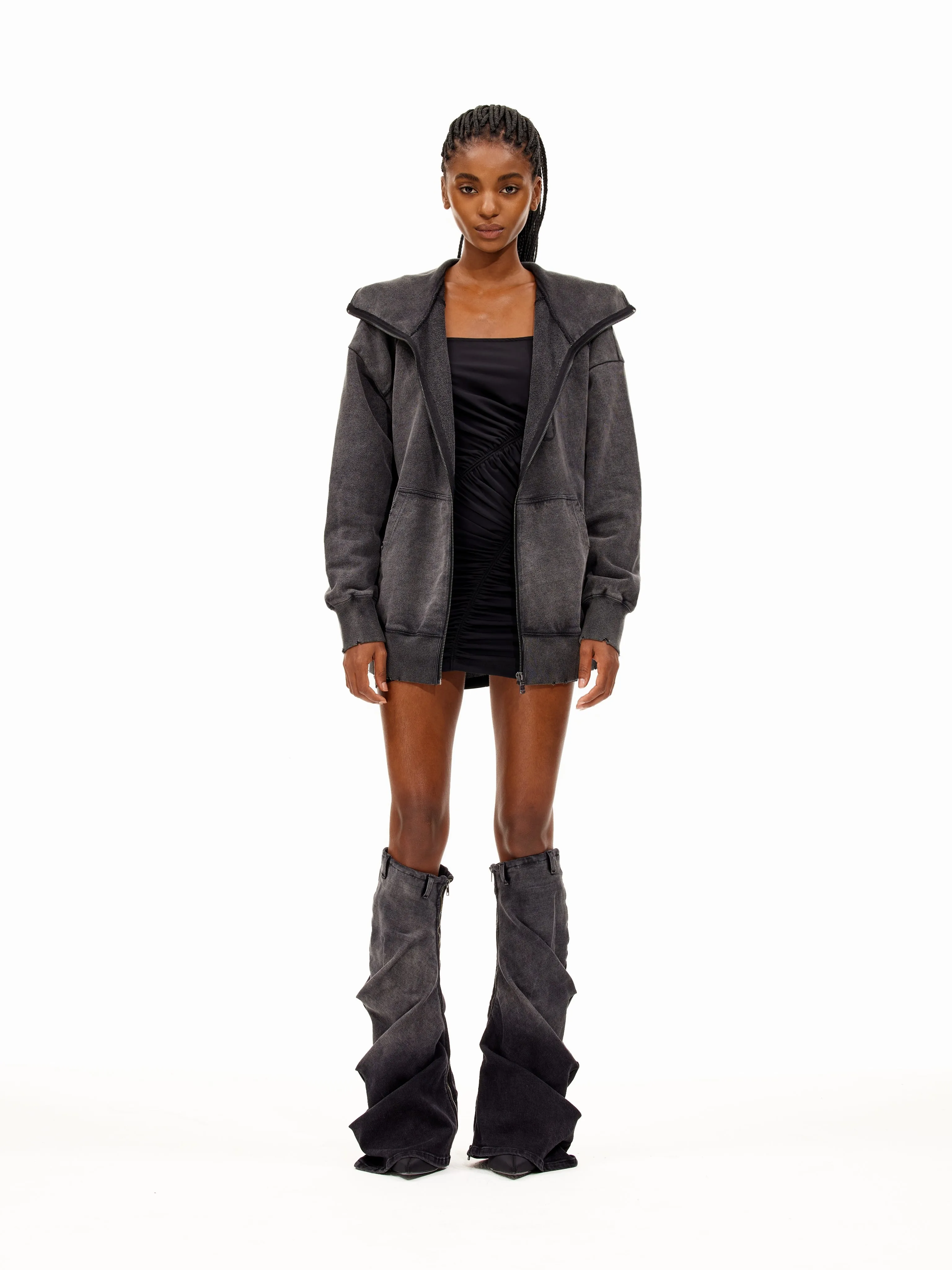 Washed Destruction Hooded Sweatshirt Jacket