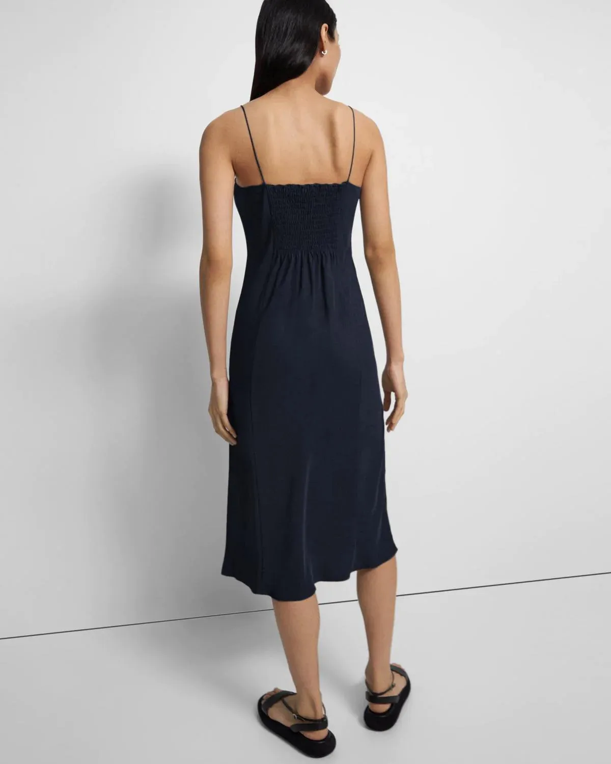 Washed Twill Smocked Slip Dress - Navy