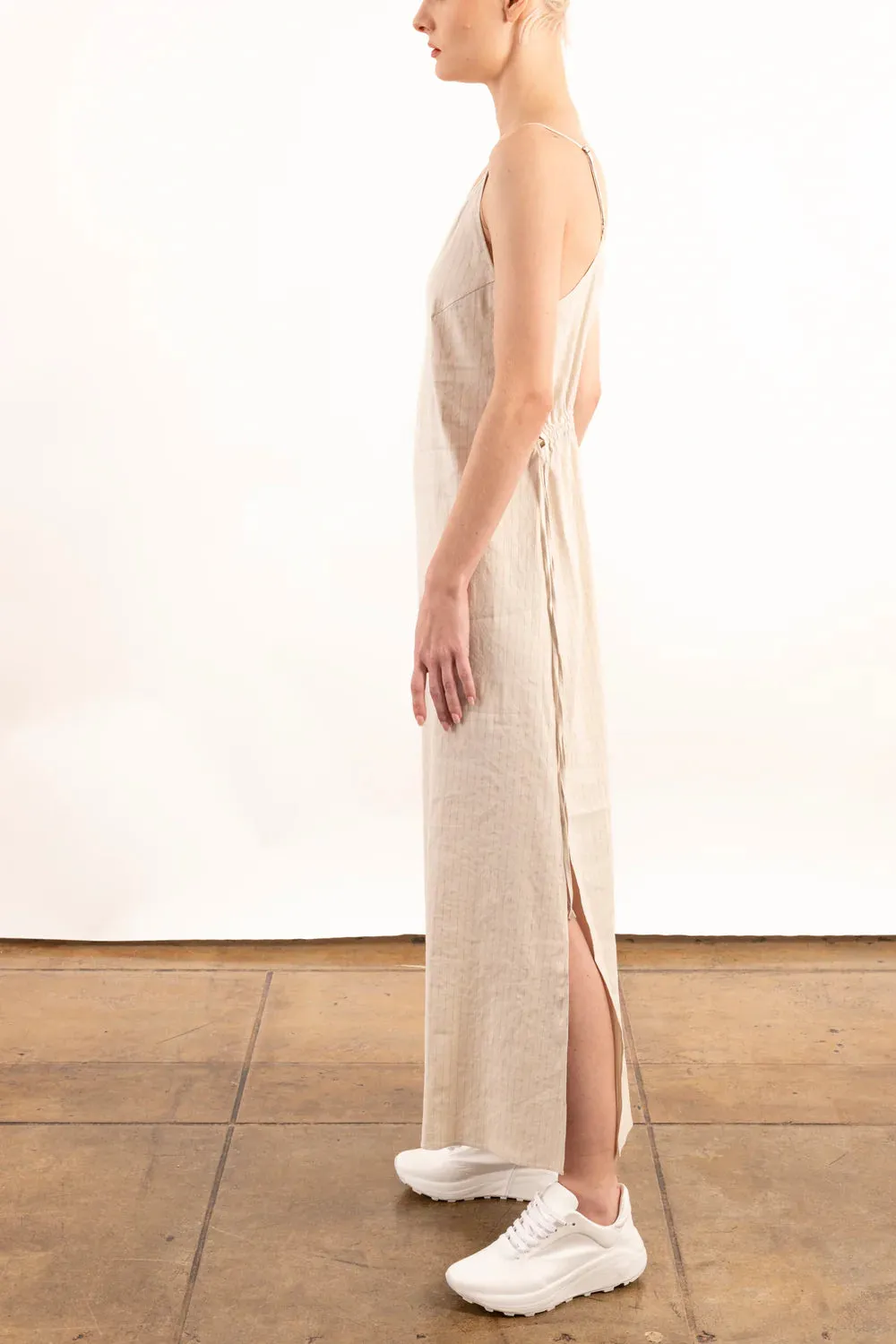 Ynes Stretch Pin Stripe Linen Dress - Ecru